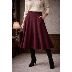J. Peterman 100% Wool Burgundy A-Line Midi Skirt Vintage Dark Academia